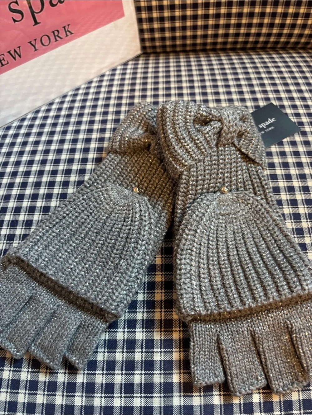kate spade  Gray metallic Convertible Fingerless Bow Mittens